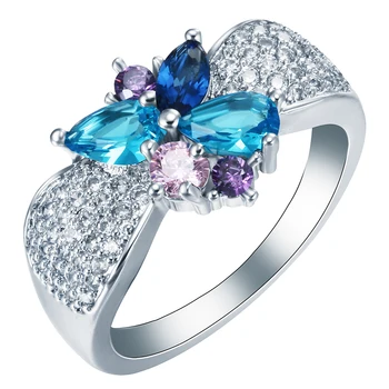 UFOORO пръстен с пеперуда Бижута Красив Блестящ Синьо, лилаво, Розово бял циркон за жени, луксозни Вечерни годежни пръстени подарък 1
