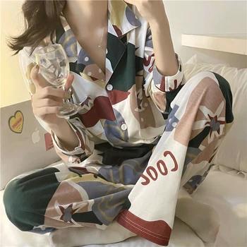 пролетен женски пижамный комплект casial tye die, домашно облекло, комплект от 2 теми, пижами, панталони, пижами с дълъг ръкав и принтом, костюм с графити D089 1