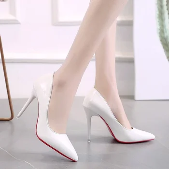 Zapatos De Mujer/ Пикантен дамски обувки-лодка на високи токчета с червени подметки; Новост 2022 г.; Модни дамски обувки-лодка с остри пръсти на тънък ток, без закопчалка 1