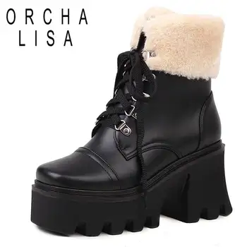 ORCHA LISA/дамски обувки до средата на прасците 14,5 см с квадратни пръсти, за да не сужающемся надолу масивна ток 8 cm платформа 4 см, дантела, Големи Размери 43, топли кожени ежедневни ежедневни S4209 1