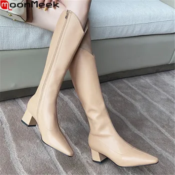 MoonMeek/Нов прием на 2021 г.; Дамски обувки с Високо качество; зимни ботуши до коляно на дебел ток с остър пръсти; Однотонная Дамски обувки 1