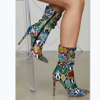 Обувки SHOFOO, Красиви модерни дамски ботуши, цветен змия модел дамски ботуши на висок ток около 11 см, женски ботуши до средата на прасците. 1