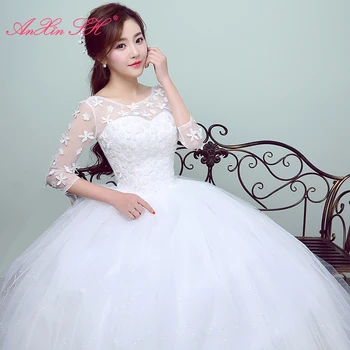 AnXin SH принцеса бяло цвете дантелено сватбена рокля Френски Ретро o образно деколте с дълъг ръкав илюзия булката бална рокля сватбена рокля 1