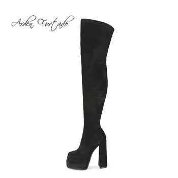 Arden Фуртадо/зимни модни дамски ботуши над коляното на масивна обувки с кръгло бомбе и цип от естествена кожа 1