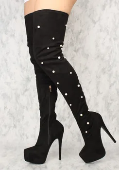 Черни зимни ботуши от Флока, украсени с бели перли, Мода ботильоны над коляното на висок ток, обувки на платформа със странични цип 1