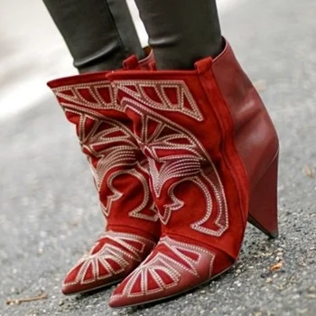 Странно стил петата остър нос ботуши Шило петата бродерия за езда кожени ботуши дамски къси ботуши вино-червено черни обувки 1