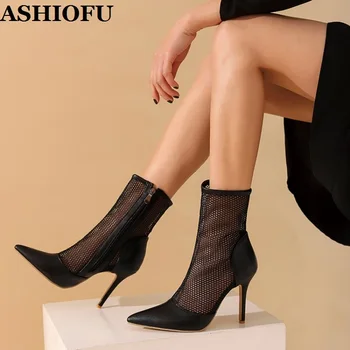 ASHIOFU/Новост 2021 г.; Дамски обувки на висок ток; Пикантни кожени обувки от въздушна мрежа с реални снимки; Елегантни вечерни модни дишащи обувки за бала 1