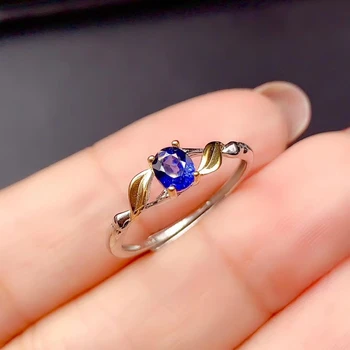 очарователно пръстен със синьо естествен сапфир за жени, бижута, истинско сребро 925 проба, позлатени овалния естествен камък, подарък за рожден ден за момичета и момчета 1
