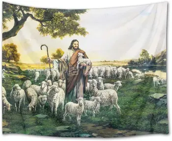 Исус Христос С Овцете и Гледката На Фона на Гоблен Спалня Хол Украса на Общежитието 1