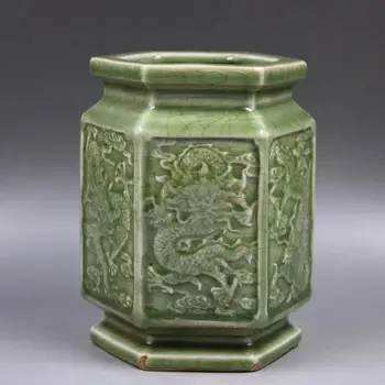 Античен порцеланов гърне SongDynasty, държач за писалка с гравирани дракон в пещ Лунцюань, боядисване, Декорации, Колекция от Декорации и 1