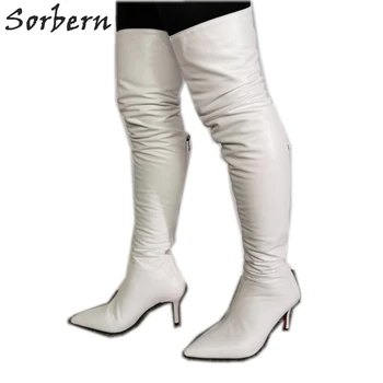 Sorbern/ Ботфорты над коляното на висок Ток с коте; Дамски Обувки с остри пръсти до средата на бедрото; Дамски Зимни Обувки; Дамски Бели обувки на Поръчка; Крака 1