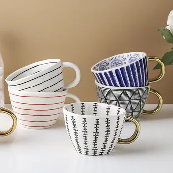 Чаша със златна дръжка, ръчно изработени керамична чаша, млечна кафе, чай и прибори в скандинавски стил, най-добрият подарък за украса на дома и офиса 1