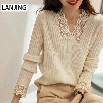 2022 пролет и есен, нова корейската мода, лейси трикотажная риза голям размер с V-образно деколте, trend женски вязаный пуловер, есен 1