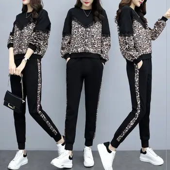 Пролетно-Есенен Дамски Корея Леопардовая Облекло от две части с Дълъг Ръкав + Панталони, Студентски Свободен Всекидневен Костюм, Тънък е новото Черно 5XLСпортивная облекло 1