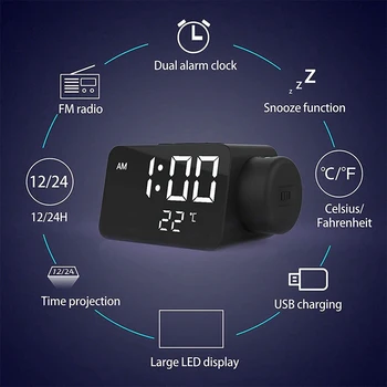 Прожекционен Digital alarm clock, Двоен Будилник с USB порт за зарядно устройство, Часовник с Дисплей За сън в спалнята 2