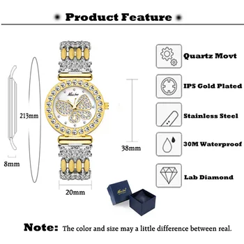 MISSFOX Дамски Часовници са Най-добрата Марка на Луксозни Ръчни Часовници За Жени с Диамантени Златни Водоустойчиви Дамски Часовници от Стоманени Дамски Часовници С Пеперуда 2