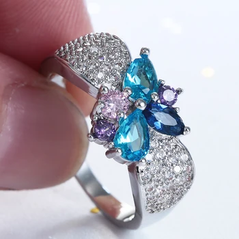 UFOORO пръстен с пеперуда Бижута Красив Блестящ Синьо, лилаво, Розово бял циркон за жени, луксозни Вечерни годежни пръстени подарък 2