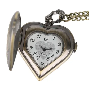 Класически Бронзови Кварцов Ежедневни Часовници Джобни Half Хънтър Мъжки Верига Мед На Сърцето Дамски Часовник Медальон Подарък 2