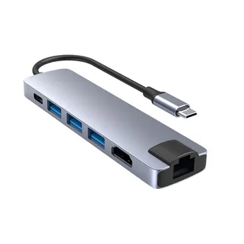 USB-ХЪБ 6 в 1 Тип-C HUB Докинг Станция, RJ-45 SD/TF Четец на карти за Лаптоп MacBook HDMI-Съвместим USB3.0 Адаптер 2