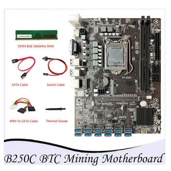 B250C БТК дънна Платка за майнинга LGA1151 DDR4 8 GB 2666 Mhz оперативна памет + 4PIN към SATA кабел 12XPCIE до USB3.0 Слот за графична карта 2