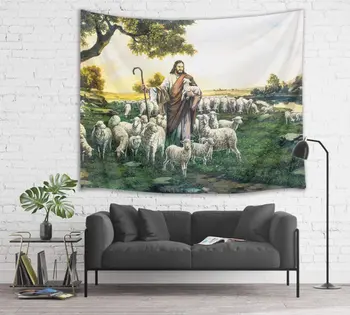 Исус Христос С Овцете и Гледката На Фона на Гоблен Спалня Хол Украса на Общежитието 2