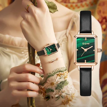 Дамски часовници DOM С Малък Зелен Диск, Модни Луксозни Тенденция на Ежедневните Непромокаеми Кожени Дамски часовници за гмуркане G-1337 2