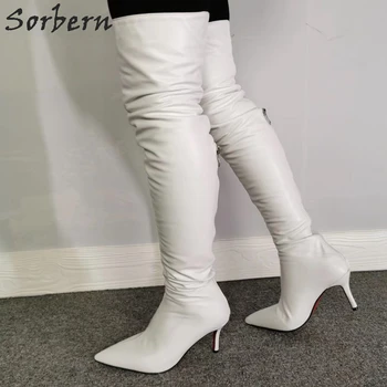 Sorbern/ Ботфорты над коляното на висок Ток с коте; Дамски Обувки с остри пръсти до средата на бедрото; Дамски Зимни Обувки; Дамски Бели обувки на Поръчка; Крака 2