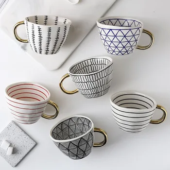 Чаша със златна дръжка, ръчно изработени керамична чаша, млечна кафе, чай и прибори в скандинавски стил, най-добрият подарък за украса на дома и офиса 2