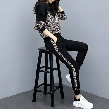 Пролетно-Есенен Дамски Корея Леопардовая Облекло от две части с Дълъг Ръкав + Панталони, Студентски Свободен Всекидневен Костюм, Тънък е новото Черно 5XLСпортивная облекло 2