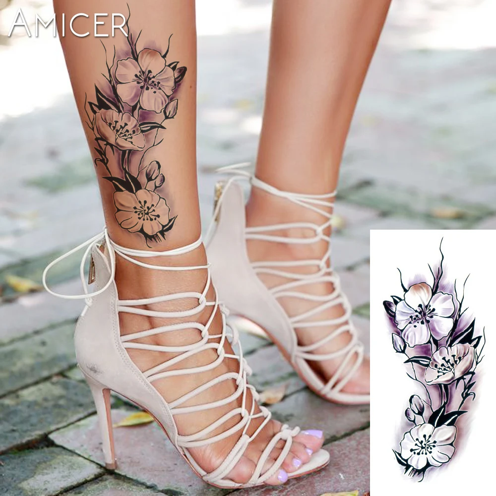 3D реалистична вишнев цвят, роза, големи цветя, заря, Водоустойчив Временни татуировки, дамски флаш татуировка, татуировка на ръката, на рамото, етикети Изображение 1