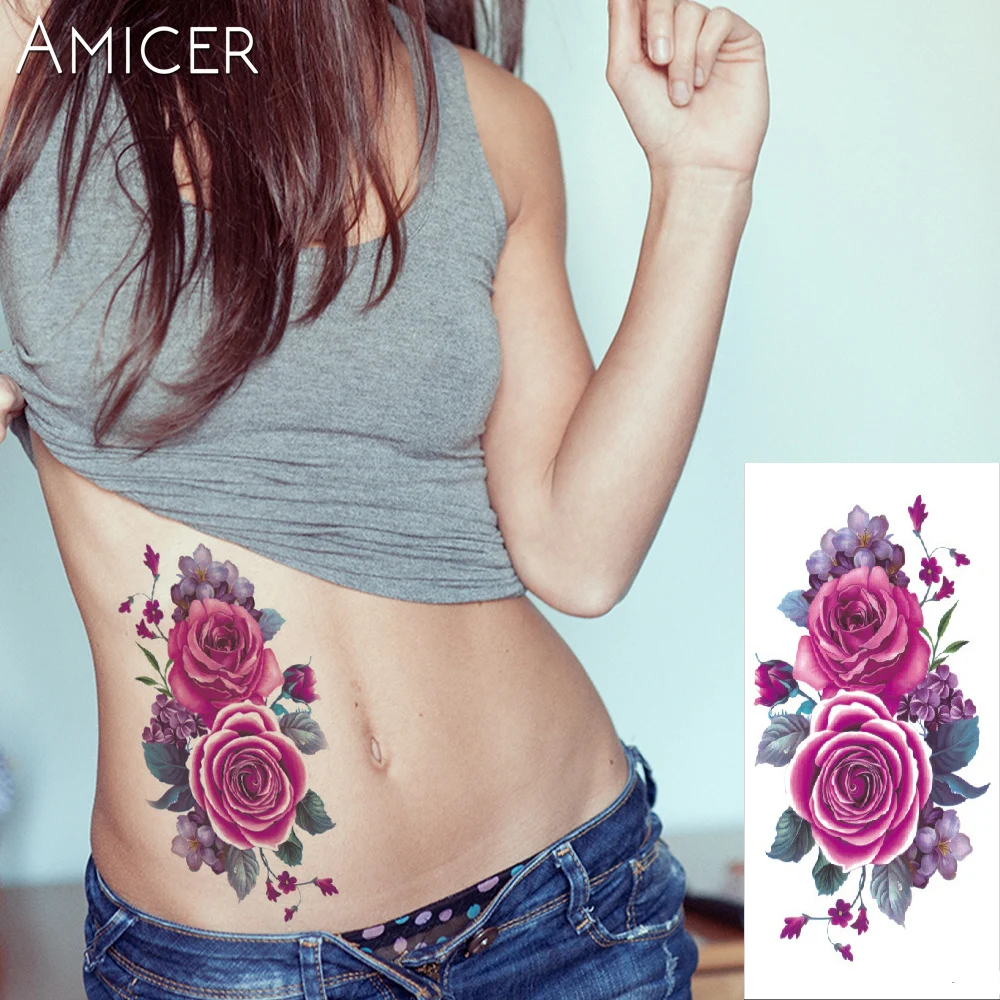3D реалистична вишнев цвят, роза, големи цветя, заря, Водоустойчив Временни татуировки, дамски флаш татуировка, татуировка на ръката, на рамото, етикети Изображение 5