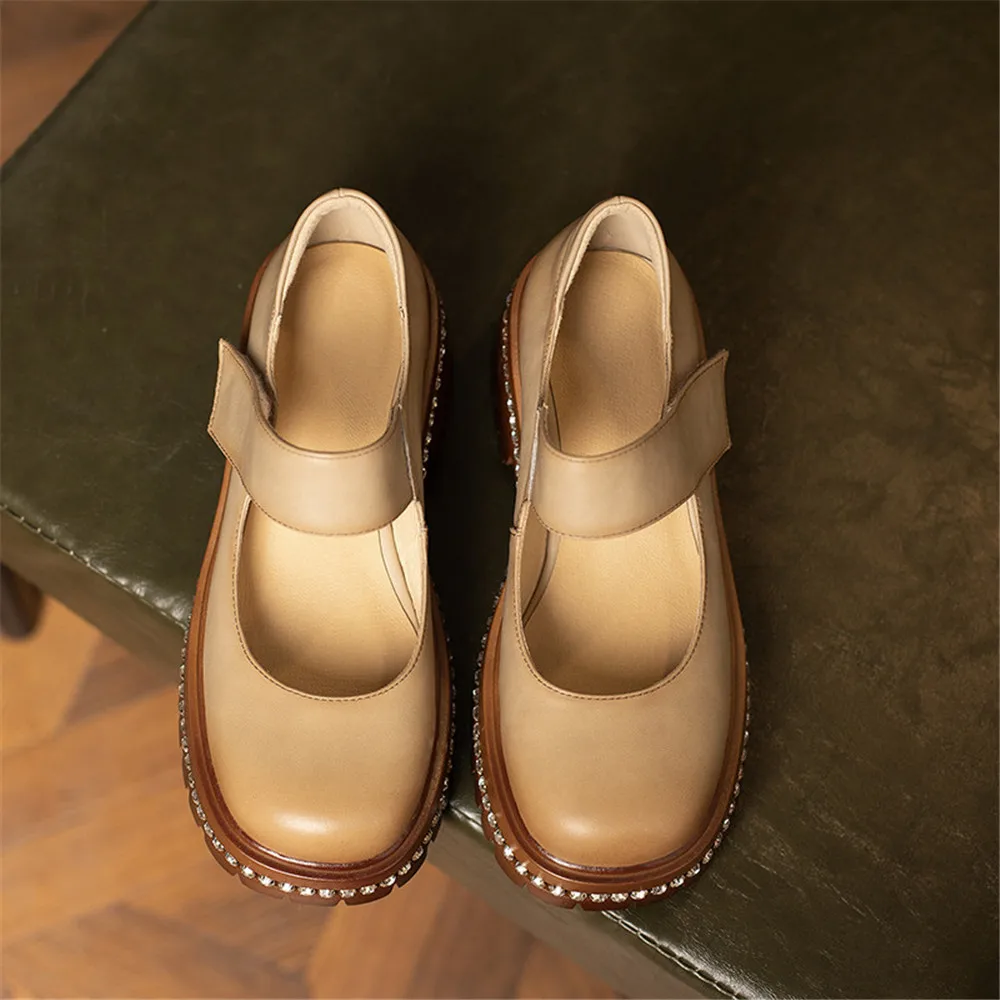 Aucegi/ Нови дамски лоферы; обувки-лодка от естествена кожа със кристали на платформа и дебел ток; ежедневни обувки, без съединителни в Ретро стил с квадратни пръсти Изображение 2