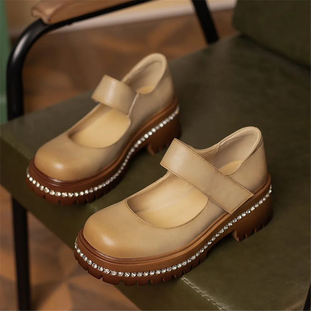 Aucegi/ Нови дамски лоферы; обувки-лодка от естествена кожа със кристали на платформа и дебел ток; ежедневни обувки, без съединителни в Ретро стил с квадратни пръсти Изображение 3