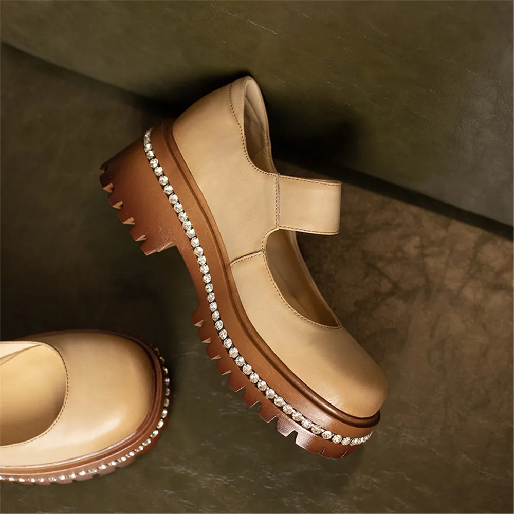 Aucegi/ Нови дамски лоферы; обувки-лодка от естествена кожа със кристали на платформа и дебел ток; ежедневни обувки, без съединителни в Ретро стил с квадратни пръсти Изображение 4
