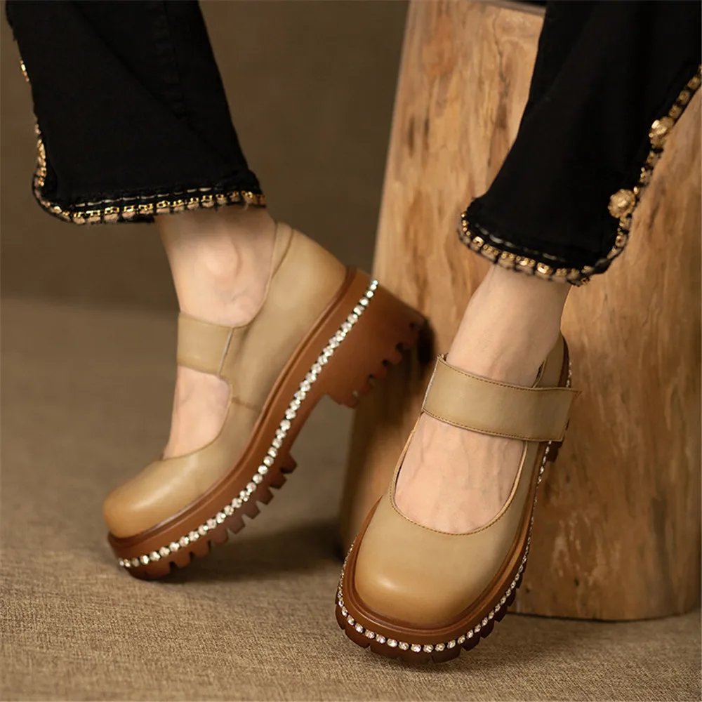 Aucegi/ Нови дамски лоферы; обувки-лодка от естествена кожа със кристали на платформа и дебел ток; ежедневни обувки, без съединителни в Ретро стил с квадратни пръсти Изображение 5
