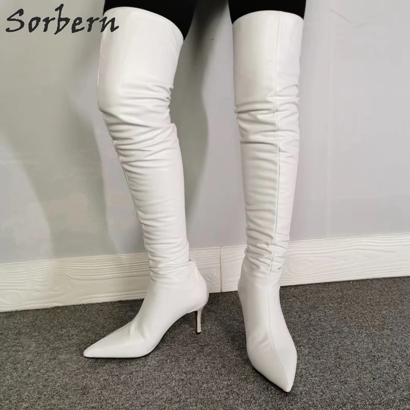 Sorbern/ Ботфорты над коляното на висок Ток с коте; Дамски Обувки с остри пръсти до средата на бедрото; Дамски Зимни Обувки; Дамски Бели обувки на Поръчка; Крака Изображение 3