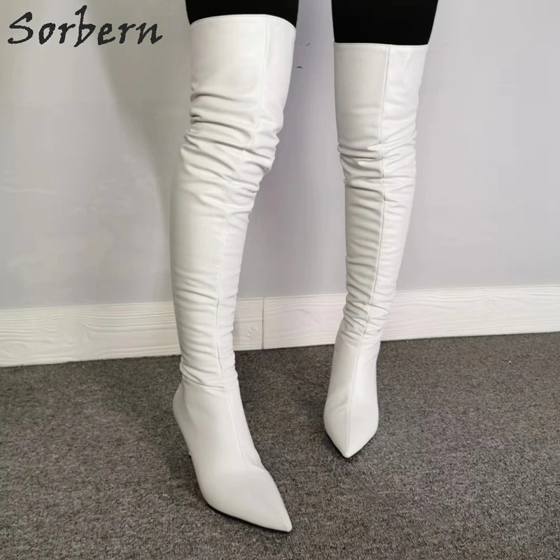 Sorbern/ Ботфорты над коляното на висок Ток с коте; Дамски Обувки с остри пръсти до средата на бедрото; Дамски Зимни Обувки; Дамски Бели обувки на Поръчка; Крака Изображение 4