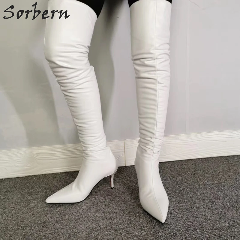 Sorbern/ Ботфорты над коляното на висок Ток с коте; Дамски Обувки с остри пръсти до средата на бедрото; Дамски Зимни Обувки; Дамски Бели обувки на Поръчка; Крака Изображение 5