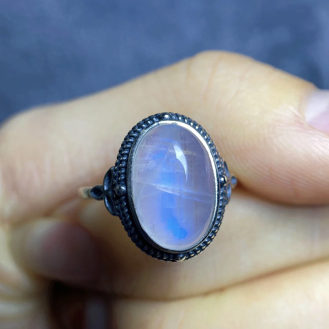 Бижута joyas feminina пръстени със скъпоценни камъни, от естествен син лунен камък S925 стерлинговое сребро вдигане на дограма реколта овални линии за пръстите Изображение 3