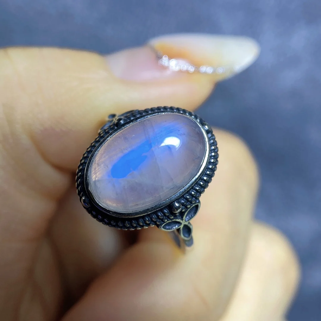 Бижута joyas feminina пръстени със скъпоценни камъни, от естествен син лунен камък S925 стерлинговое сребро вдигане на дограма реколта овални линии за пръстите Изображение 4