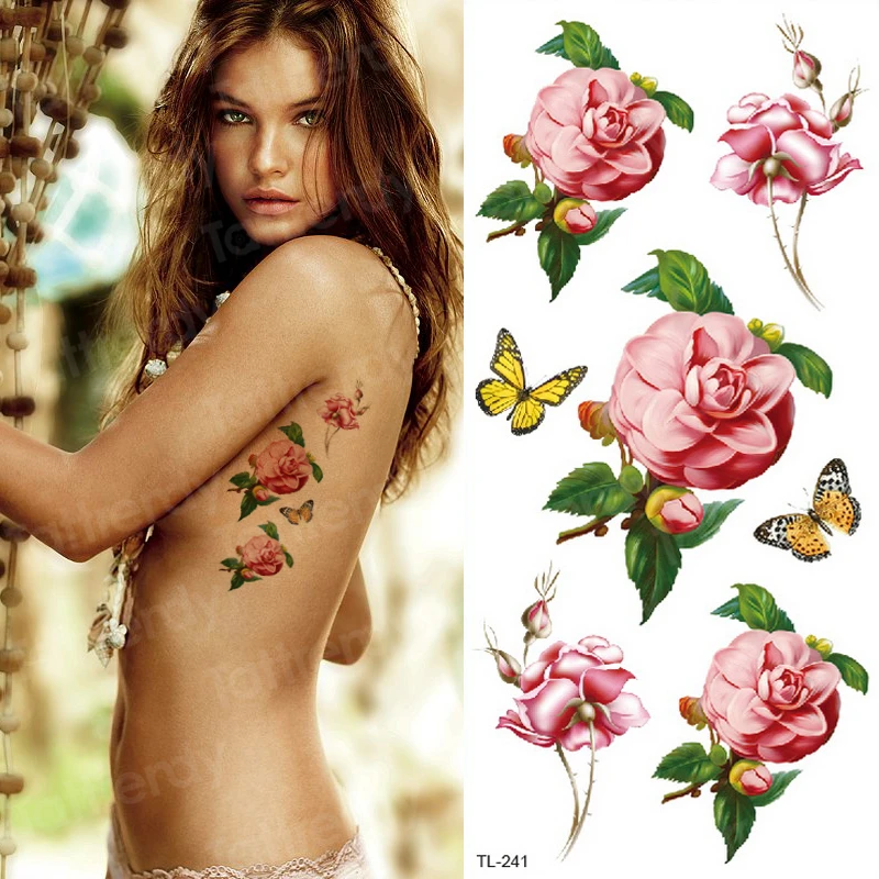 временна татуировка стикер цвете роза татуировка на гърдите секси момичета тялото татуировка фалшиви жени гръдната кост временни татуировки водоустойчив стикер Изображение 1