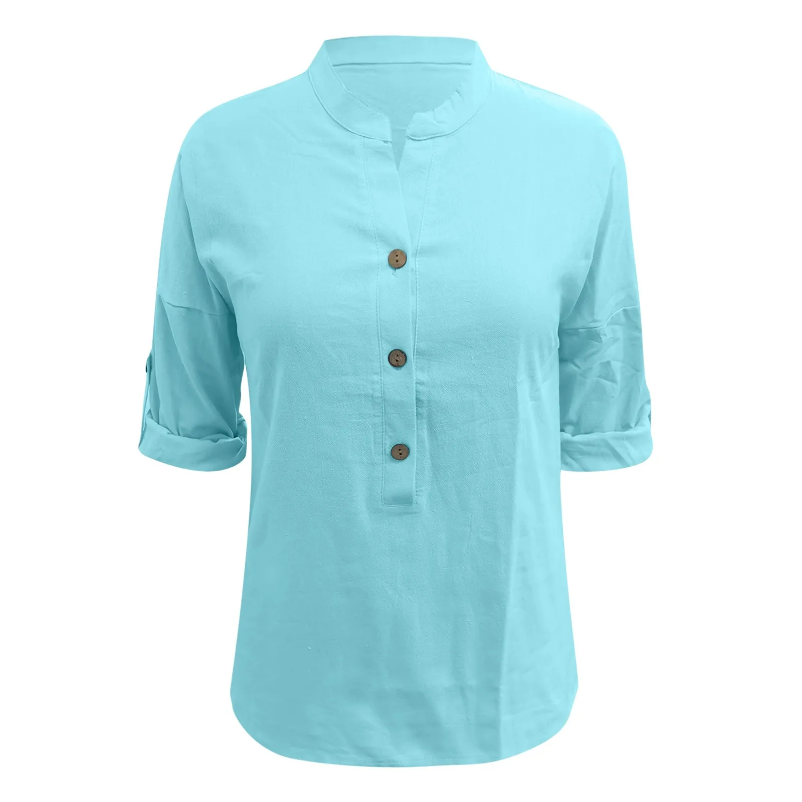 Дамска Блуза, Однотонная Лятна Мода Ежедневни Риза С Копчета От Смес От Памук С Навити Ръкави, Топ, Дамски Дрехи, Blusas Y Camisas Изображение 4