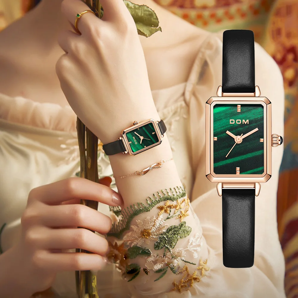 Дамски часовници DOM С Малък Зелен Диск, Модни Луксозни Тенденция на Ежедневните Непромокаеми Кожени Дамски часовници за гмуркане G-1337 Изображение 1