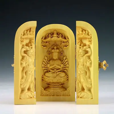 Изискан Китайски Чемшир Ръчно Изработени Будизма Статуя На Буда Статуя На Буда Амулет Благоприятна Ковчег Изображение 1