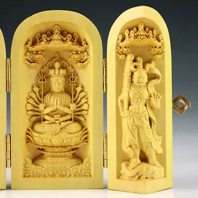 Изискан Китайски Чемшир Ръчно Изработени Будизма Статуя На Буда Статуя На Буда Амулет Благоприятна Ковчег Изображение 3