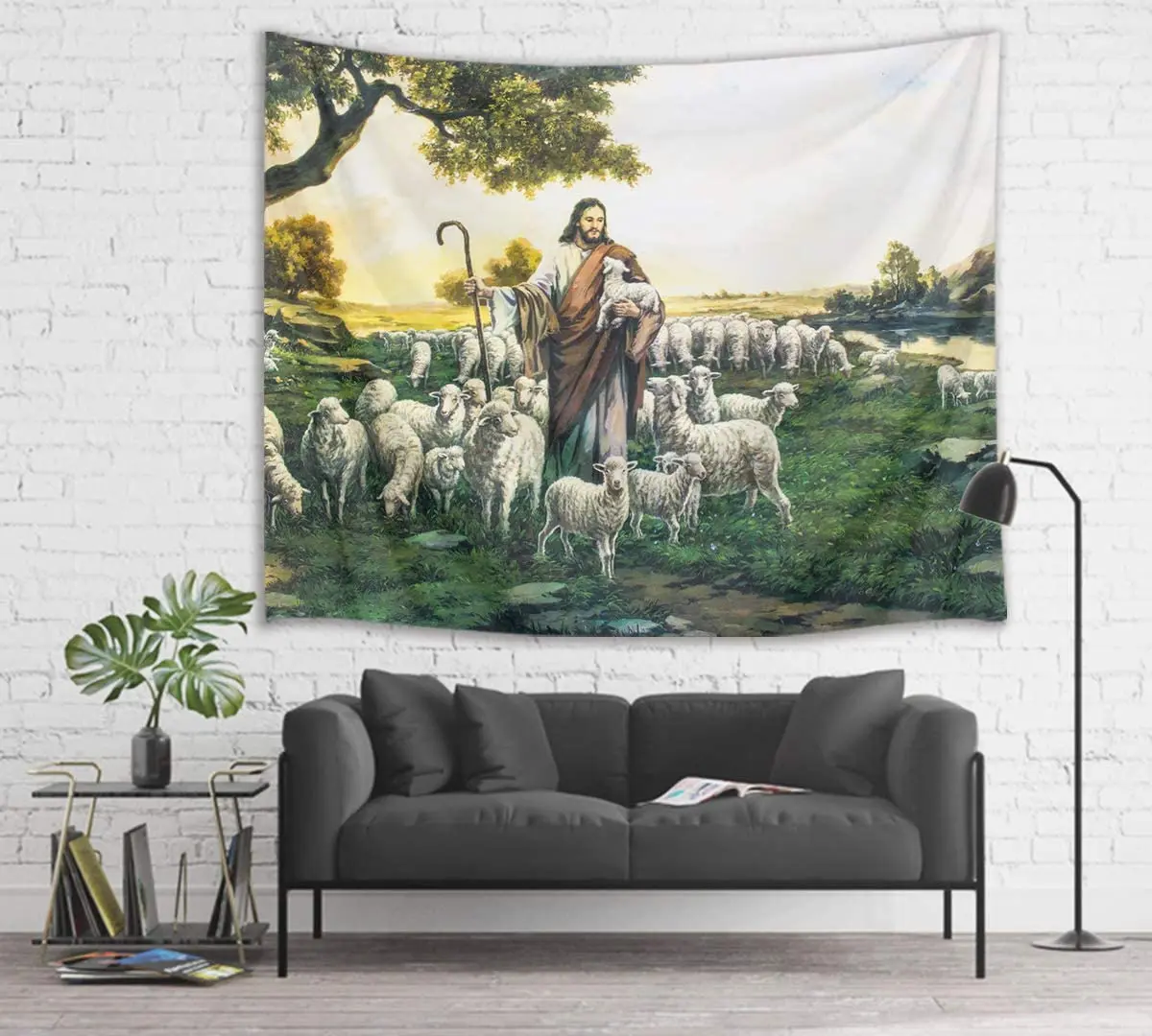 Исус Христос С Овцете и Гледката На Фона на Гоблен Спалня Хол Украса на Общежитието Изображение 1