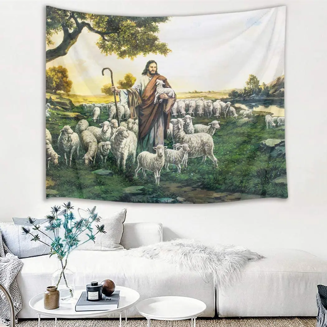 Исус Христос С Овцете и Гледката На Фона на Гоблен Спалня Хол Украса на Общежитието Изображение 2