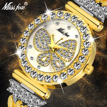 MISSFOX Дамски Часовници са Най-добрата Марка на Луксозни Ръчни Часовници За Жени с Диамантени Златни Водоустойчиви Дамски Часовници от Стоманени Дамски Часовници С Пеперуда 1