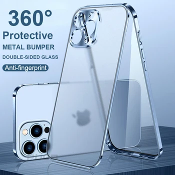 Луксозен Двустранен Стъклен Алуминиева Метална Броня Калъф За iPhone 13 12Pro Max 13pro Матиран Прозрачен 360 Защита устойчив на удари Калъф