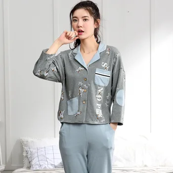 Дамски 2019 есенно-зимни дамски пижами с кардиганом в корейски стил, нови памучни пижамные комплекти с хубав дизайн и дълъг ръкав, штанами 1